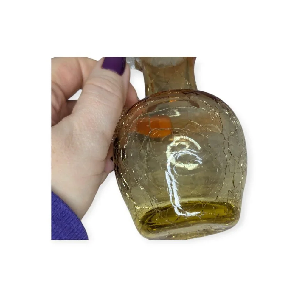 Pilgrim Honey Amber Crackle Glass Vase w/Applied Handle Ruffled Rim 4